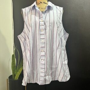 Talbots Woman Petites 22WP Striped Non Iron Sleeveless Button Down Shirt Coastal